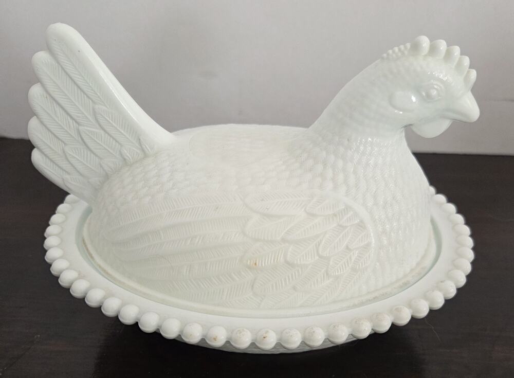 Vintage Indiana White Milk Glass Chicken Hen on Nest Covered Bowl Candy Dish